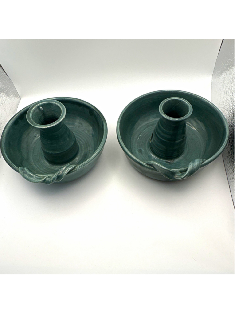 Green Glossy Ceramic Chamberstick Candle Holders with Handles Pair Signed